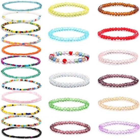 24 Pcs Handmade Beaded Bracelets For Women Adjustable Crystals Stretch Bracelet Colorful Elastic Beaded Anklet Bracelets Set